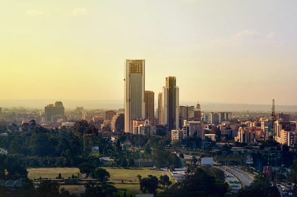 Buildings of Nairobi city, with a green park in the corner.
