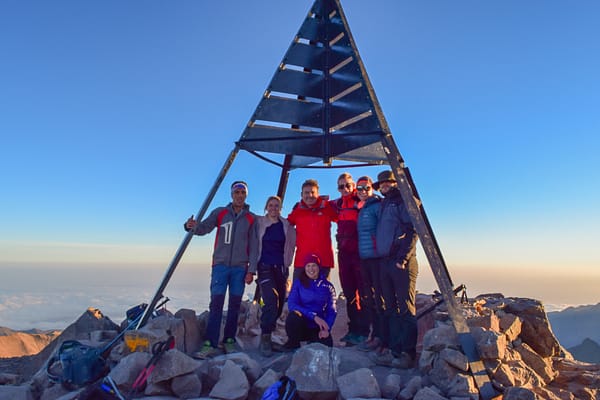 Group photo at the summit after climbing Mount Toubkal.