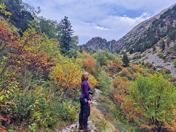 Myself standing on the trail towards Coma Pedrosa, one of the Crown of Europe peaks, admiring the autumnal vibes.