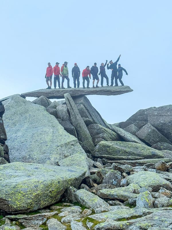 Group photo atop the Cantilever on the Glyderau range.